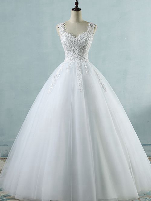 Princess V Neck Floor Length Organza Bridal Gown Applique