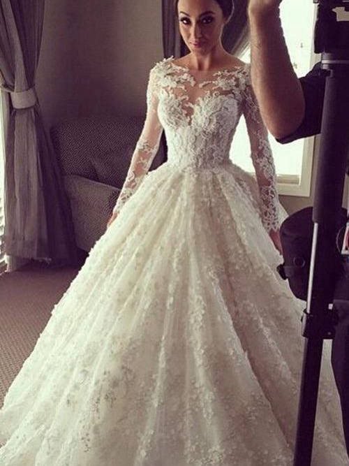 A-line Sheer Sweep Train Lace Wedding Dress