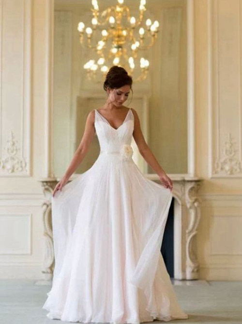 A-line V Neck Floor Length Chiffon Wedding Gown Flower