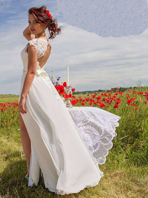 A-line V Neck Sweep Train Lace Chiffon Wedding Dress