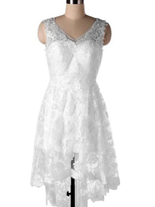 A-line V Neck Lace High Low Wedding Dress