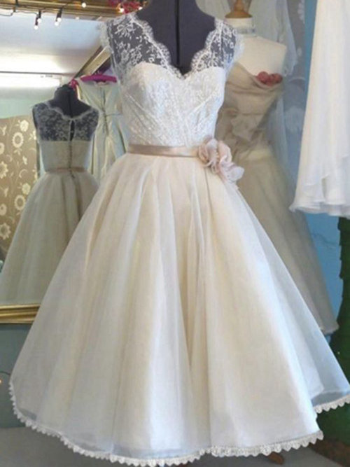 A-line V Neck Tea Length Organza Lace Bridal Dress