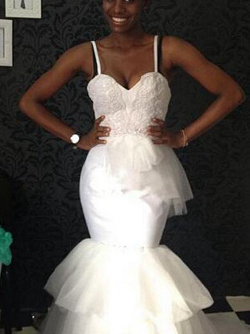 Mermaid Spaghetti Straps Floor Length Organza Wedding Dress Laye