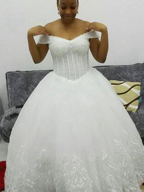 Ball Gown Off Shoulder Floor Length Organza Wedding Wear Beading