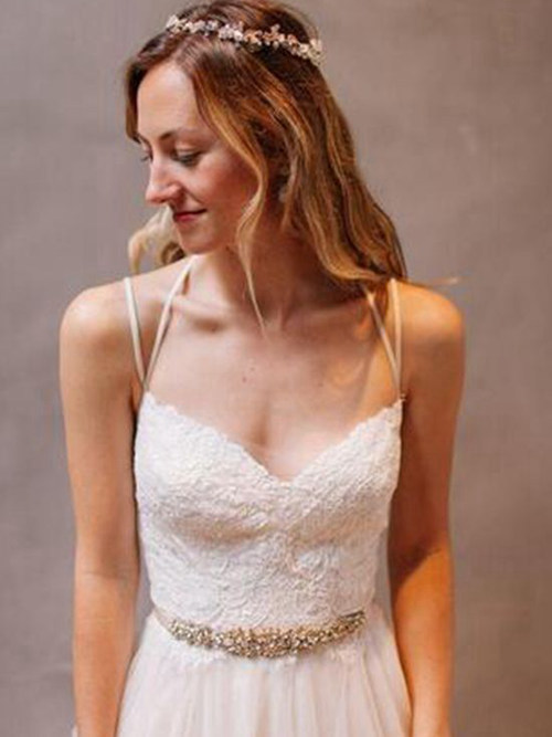 A-line Spaghetti Straps Brush Train Organza Wedding Dress