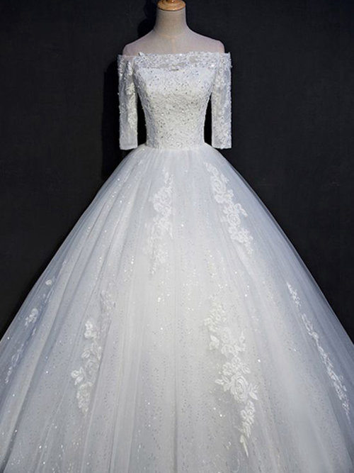 A-line Off Shoulder Sweep Train Organza Bridal Dress Lace