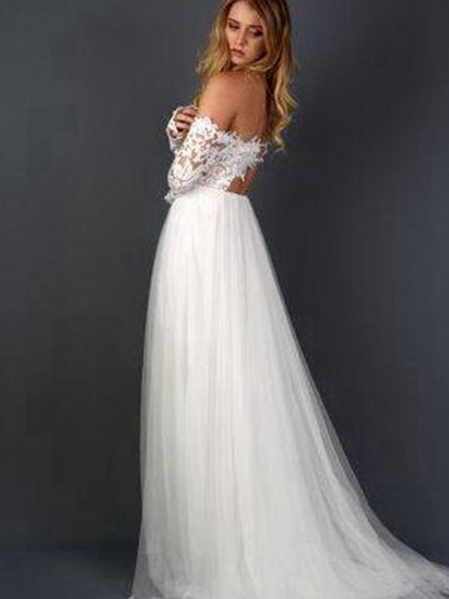 A-line Off Shoulder Sweep Train Tulle Lace Wedding Dress