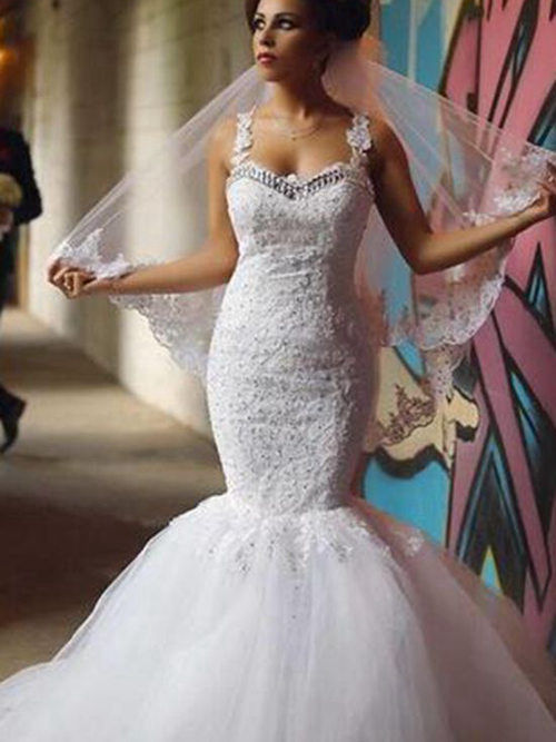 Mermaid Straps Sweep Train Organza Lace Wedding Dress Beading