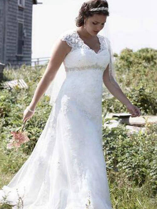 A-line V Neck Sweep Train Lace Wedding Dress Beading