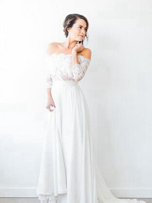 A-line Off Shoulder Brush Train Lace Chiffon Wedding Dress