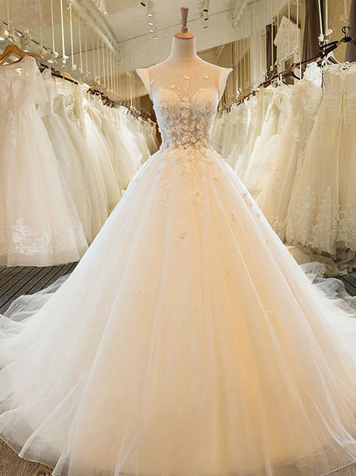 Princess Sheer Court Train Organza Wedding Dress Applique
