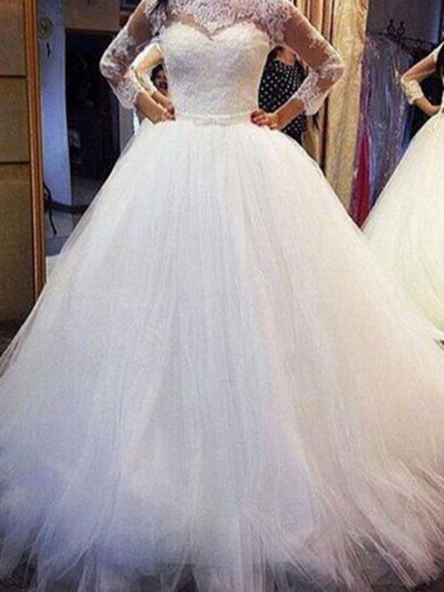 Ball Gown Jewel Sweep Train Organza Wedding Wear Lace
