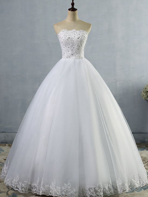 A-line Strapless Floor Length Organza Wedding Gown Beading