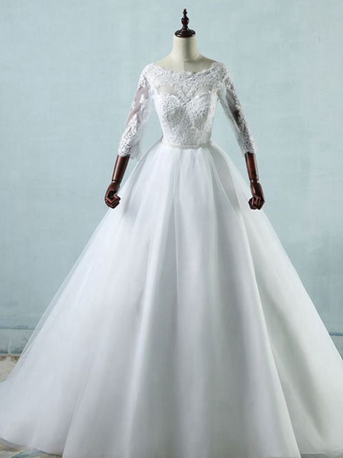 A-line Scoop Court Train Organza Lace Wedding Dress