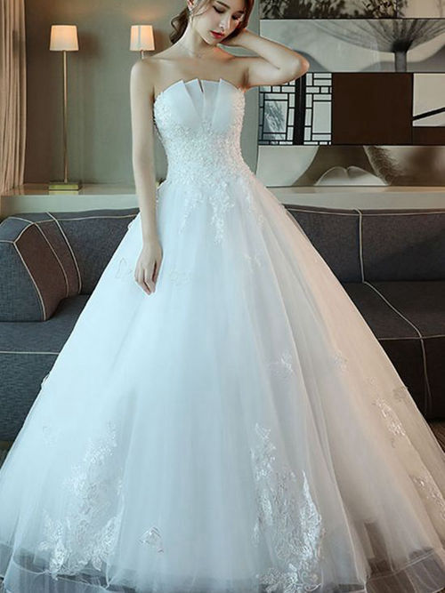 A-line Strapless Brush Train Organza Wedding Dress Applique