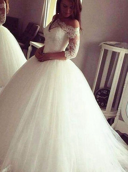 A-line Off Shoulder Court Train Organza Wedding Dress Lace