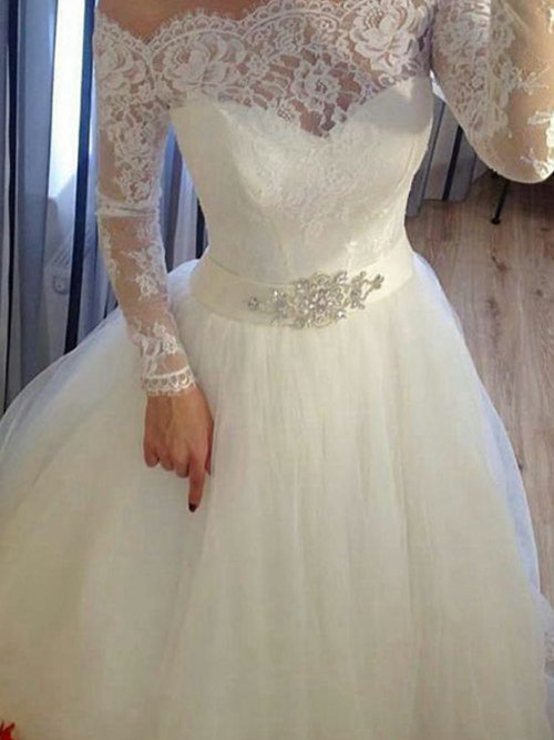 A-line Off Shoulder Sweep Train Lace Organza Wedding Dress