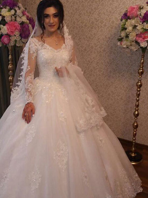 A-line V Neck Floor Length Lace Bridal Wear Organza