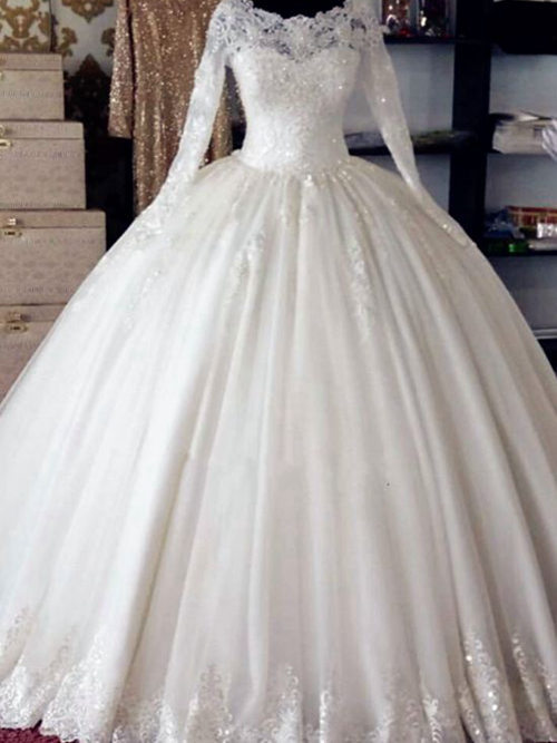 Ball Gown Scoop Sweep Train Lace Organza Bridal Wear