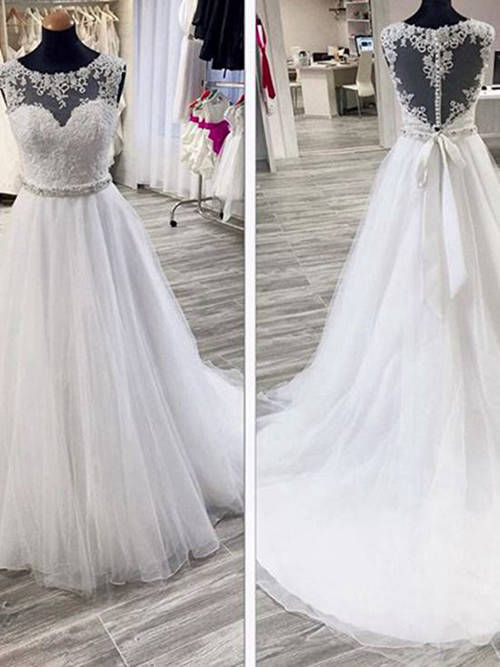 A-line Sheer Court Train Lace Organza Wedding Dress