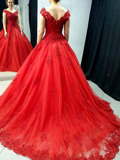 A-line V Neck Court Train Organza Red Wedding Dress Beading