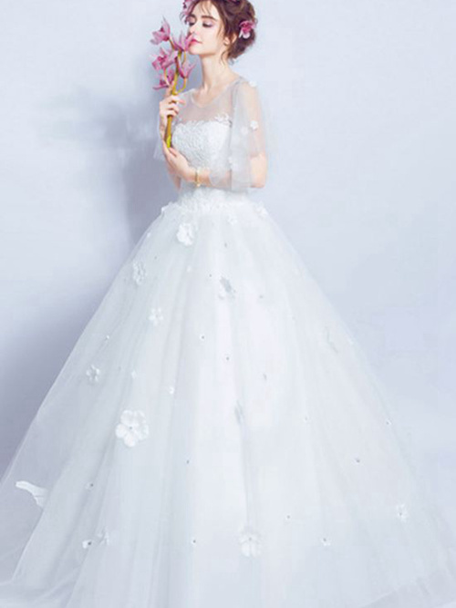 Princess Sheer Floor Length Organza Wedding Dress Applique