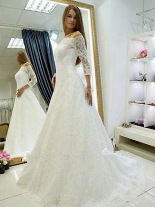 A-line Off Shoulder Brush Train Lace Organza Wedding Gown