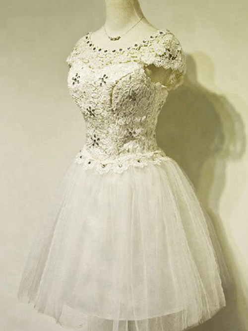 A-line Scoop Knee Length Organza Lace Wedding Dress