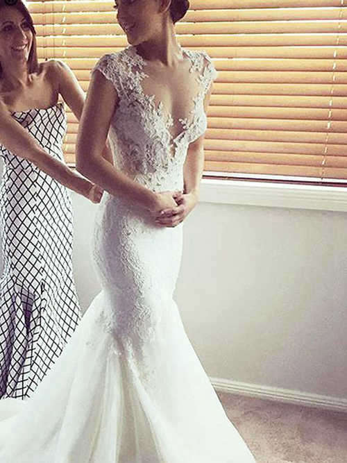 Mermaid V Neck Court Train Organza Lace Wedding Wear