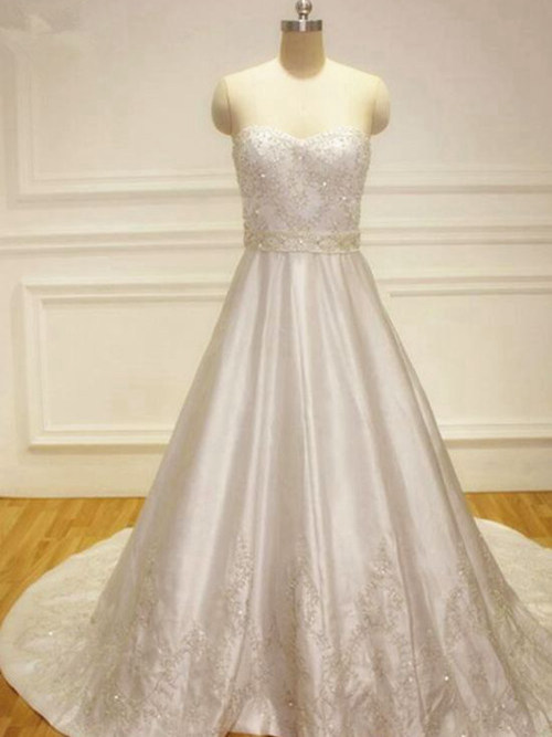 A-line Sweetheart Court Train Satin Bridal Dress Beading