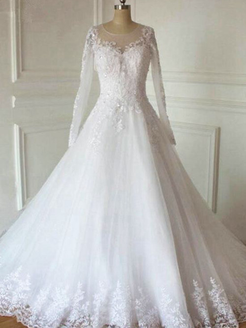 A-line Sheer Sweep Train Organza Lace Bridal Gown