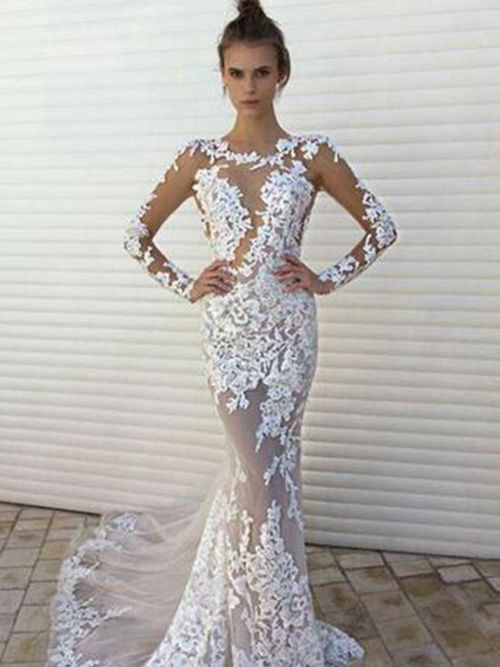 Mermaid Sheer Sweep Train Lace Wedding Dress