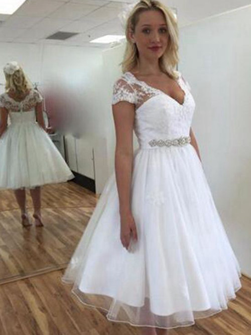 Princess V Neck Tea Length Organza Bridal Dress Beading