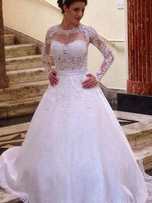 A-line Sheer Court Train Lace Wedding Dress Long Sleeves