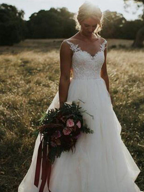 A-line Sheer Brush Train Chiffon Lace Wedding Dress