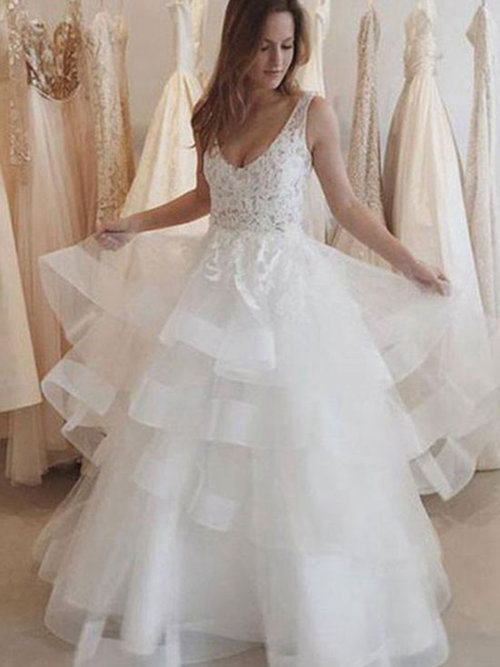 A-line V Neck Floor Length Organza Bridal Wear Applique