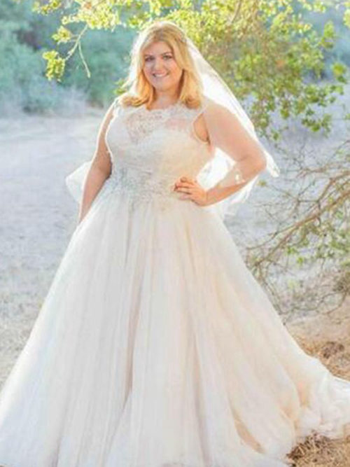 A-line Jewel Court Train Organza Lace Wedding Dress