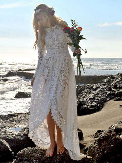 A-line Jewel High Low Lace Bridal Dress