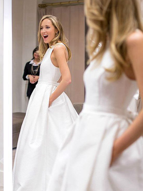 A-line Jewel Sweep Train Satin Bridal Dress