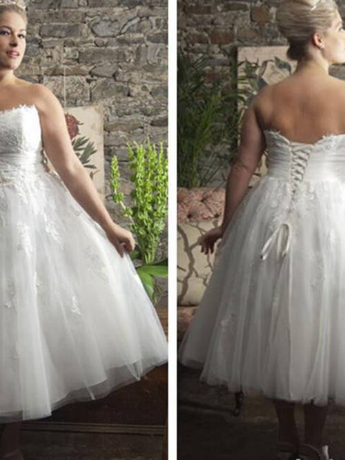 A-line Strapless Tea Length Organza Wedding Dress