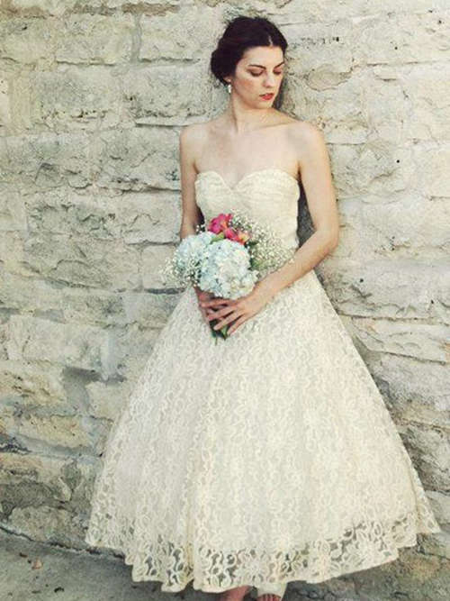A-line Sweetheart Ankle Length Lace Wedding Dress