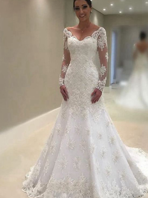 A-line V Neck Court Train Lace Wedding Dress