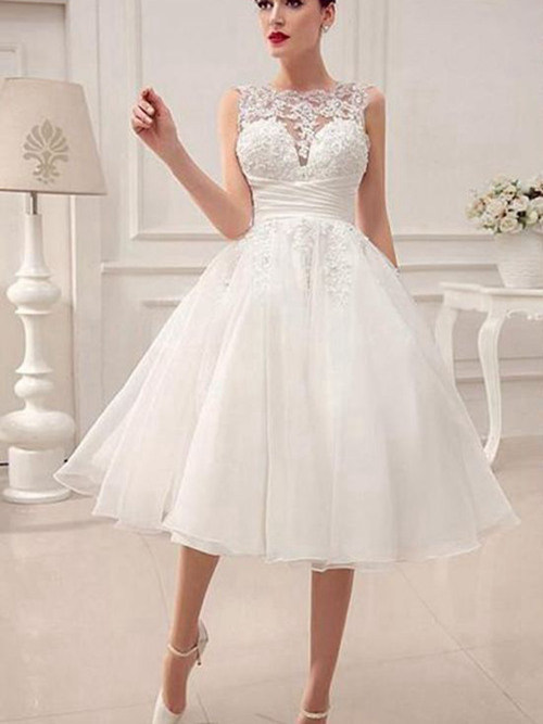A-line Jewel Knee Length Organza Wedding Dress