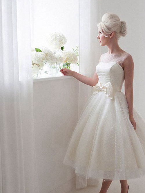 A-line Sheer Tea Length Organza Bridal Wear Bowknot