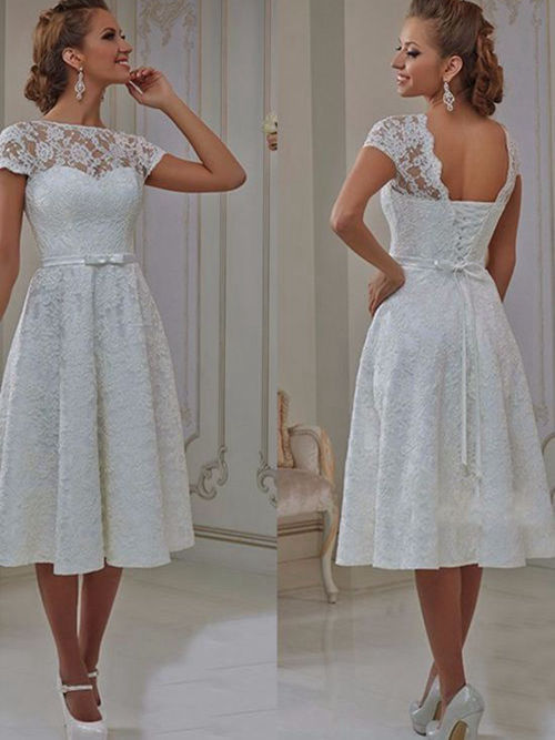 A-line Bateau Tea Length Lace Wedding Dress