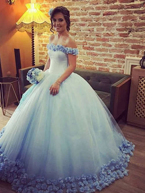 Ball Gown Off Shoulder Sweep Train Organza Wedding Wear Flower