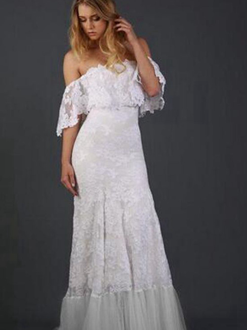 A-line Off Shoulder Floor Length Lace Wedding Dress