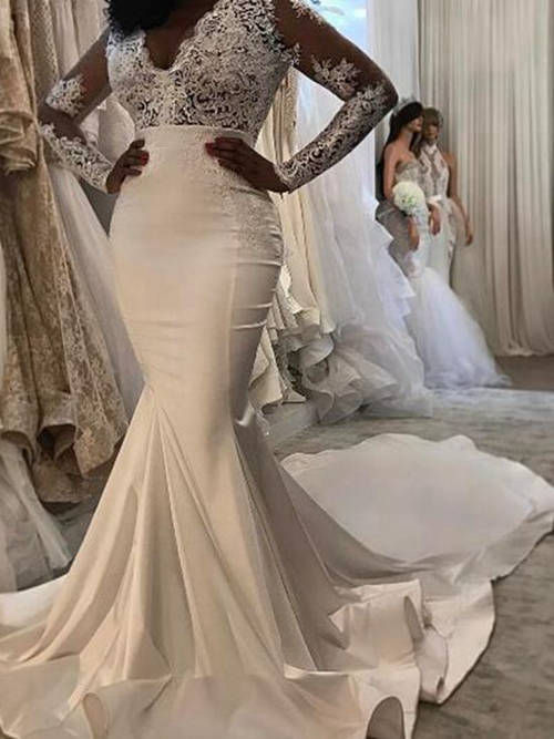 Mermaid V Neck Chapel Train Lace Chiffon Wedding Dress