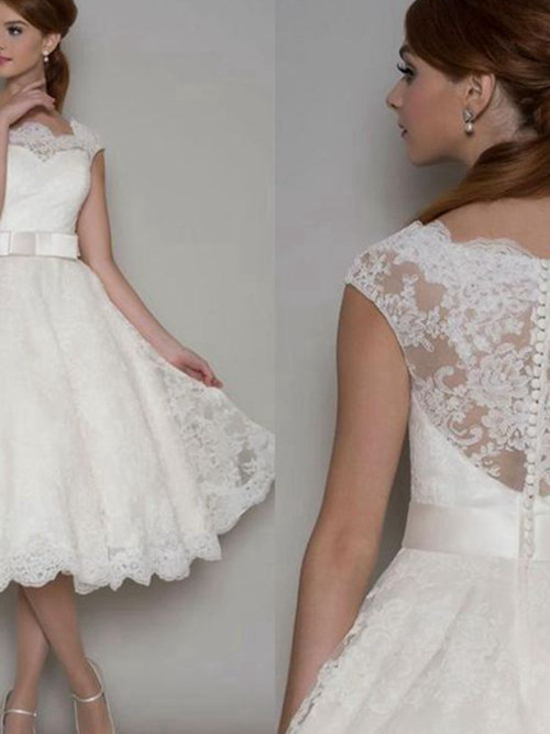 A-line Square Tea Length Lace Wedding Dress Belt