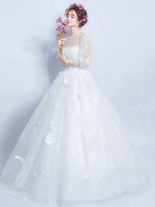 Ball Gown Scoop Floor Length Organza Bridal Wear With Applique